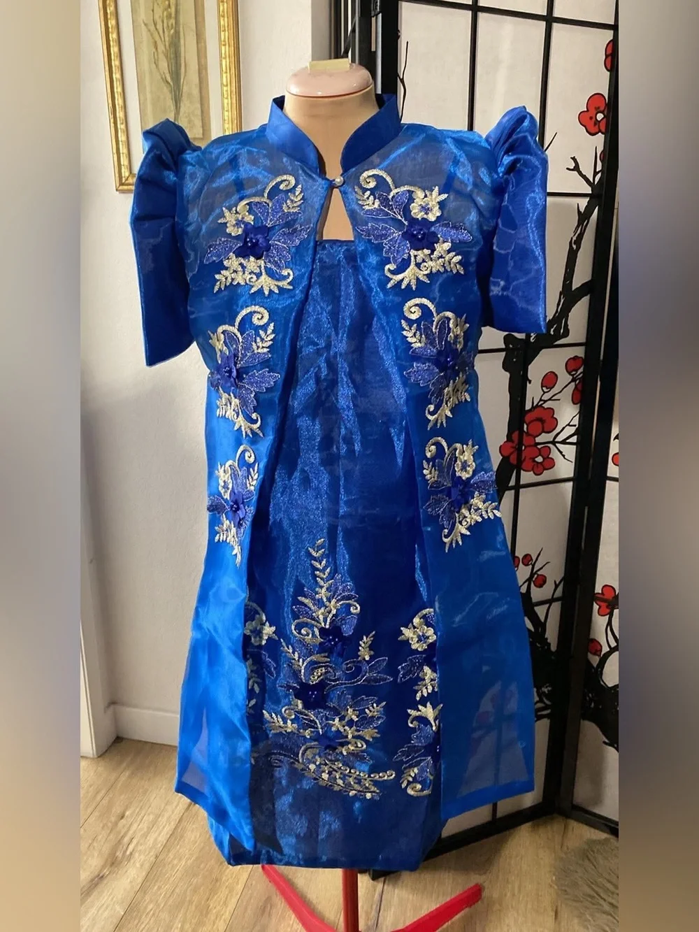 Women’s Filipiniana Blue Embroidered Organza Dress with Set Bolero